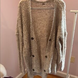 Free People Long Oversized Tan Cozy Women's Sweater - Cardigan w/ Snaps - Size S
